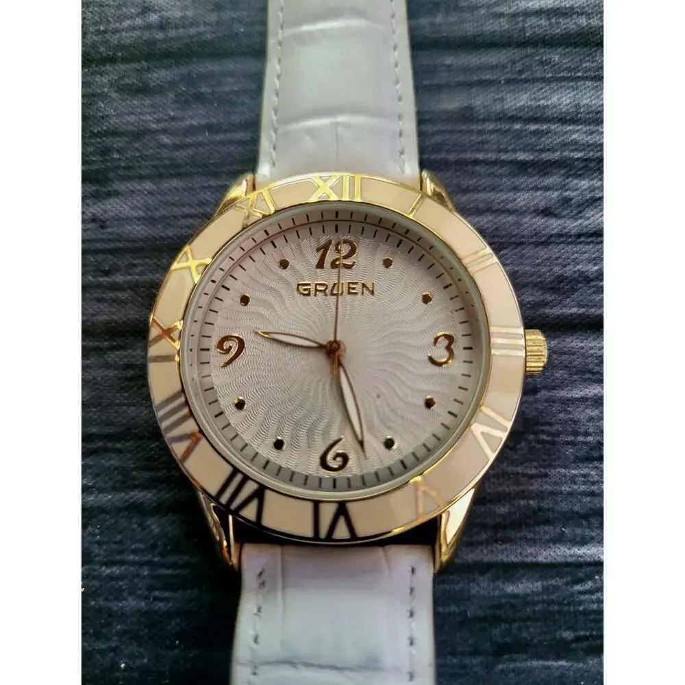 Rare Gruen Watch Ceramic Roman Bezel Guilloche‎ Dial W Box